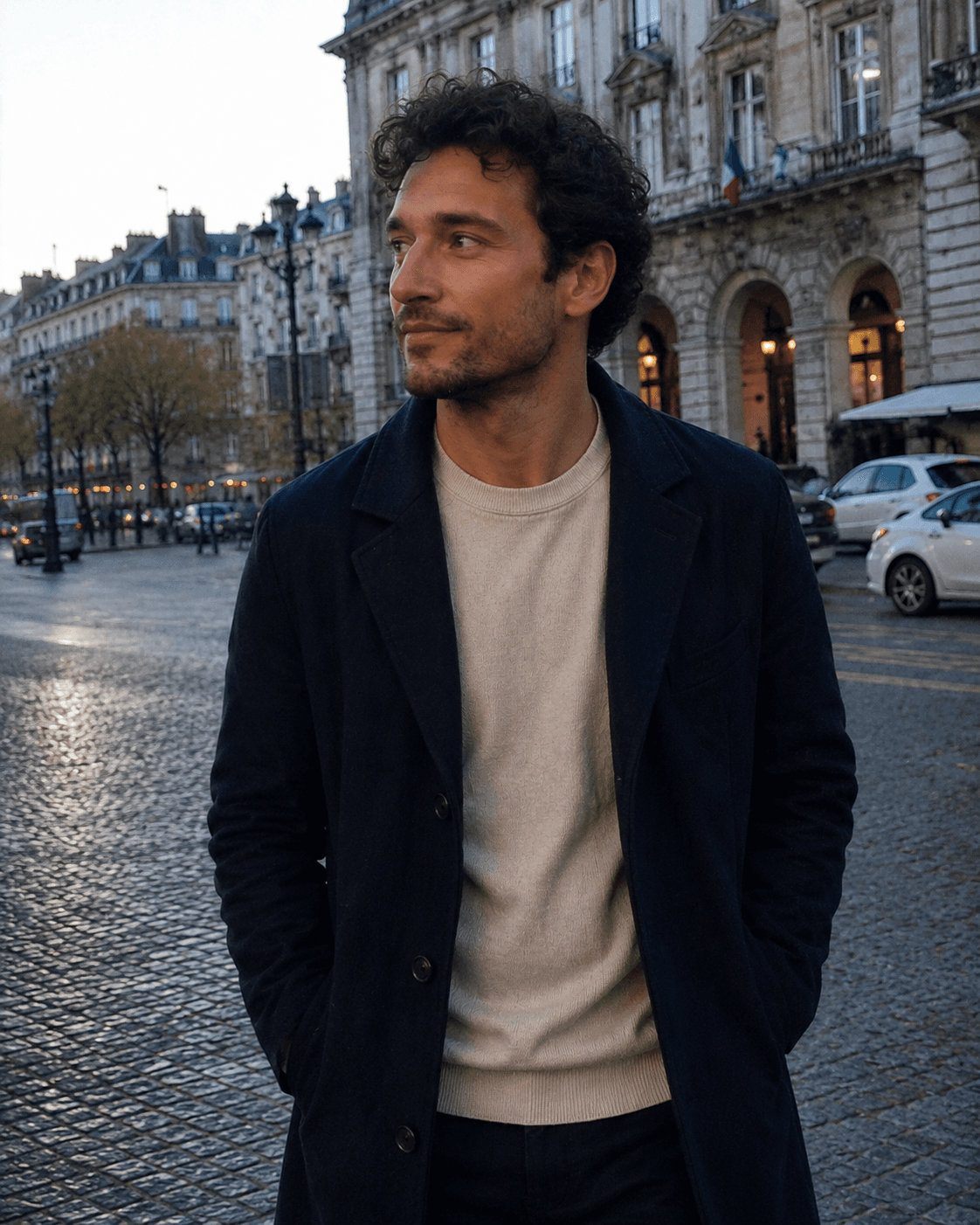 Man in a navy overcoat on a Paris street